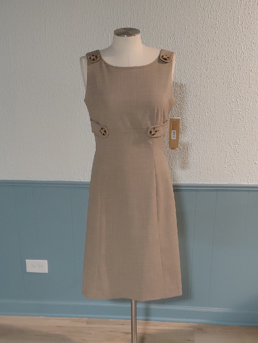 Alex Marie Tan Sleeveless Midi Shift Dress with Button Accents